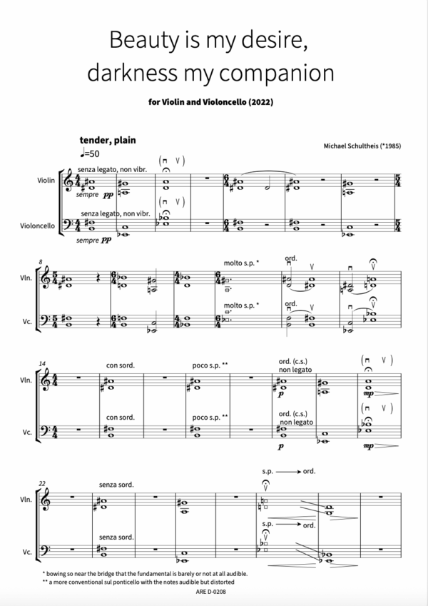 Schultheis, Michael: "Beauty is my desire, darkness my companion" für Violine und Violoncello (2022) – Bild 2